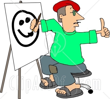 Male Artist Drawing A Smiley Face On Canvas With A Paintbrush Clipart