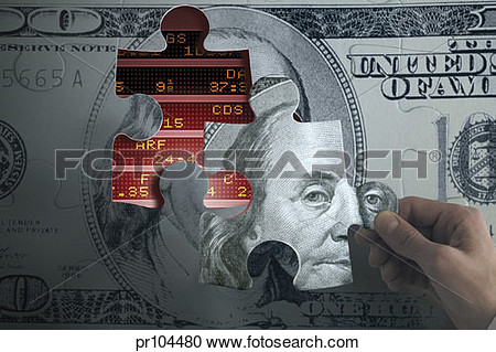 Stock Photography Of  100 Bill Jigsaw Puzzle Over Stock Market Ticker    