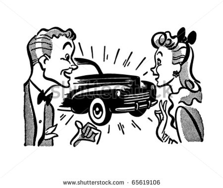 Couple With New Car   Retro Clipart Illustration   Stock Vector
