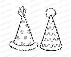 Party Hats Digital Stamps   Cute Kids Birthday Black Clip Art For