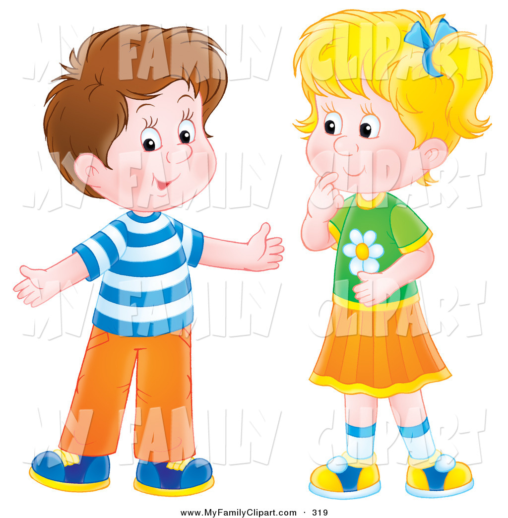 Brunette Boy Holding His Arms Out While Talking To A Little Blond Girl