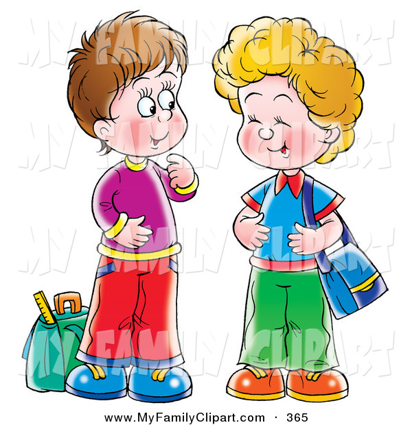 Clip Art Of A Two Little Boys Laughing And Talking At A Bus Stop With    