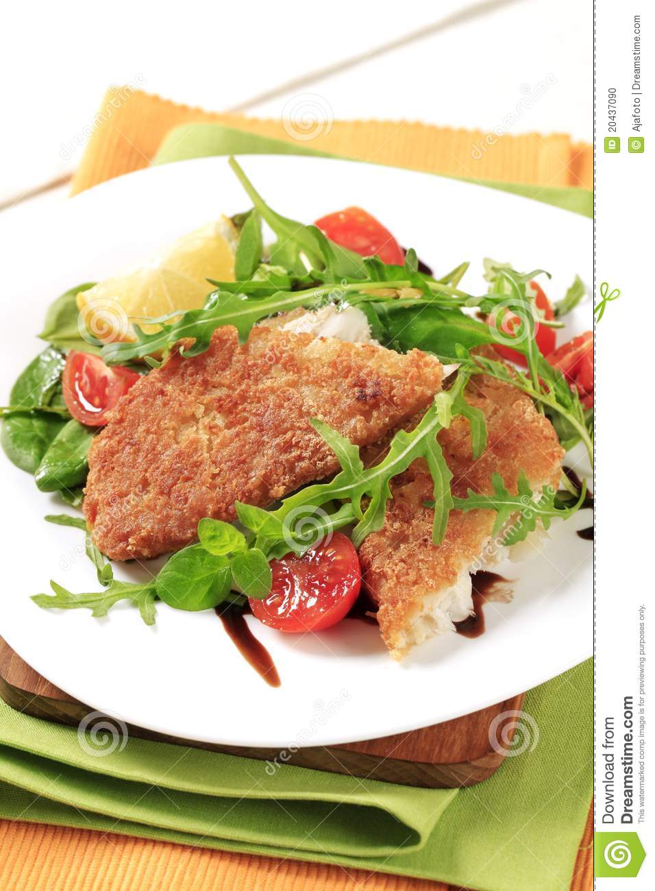 Fried Fish And Fresh Salad Stock Photo   Image  20437090