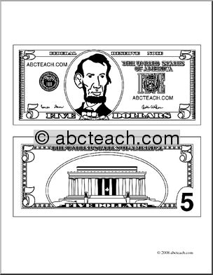 Clip Art  Five Dollar Bill Outline  Coloring Page    Preview 1