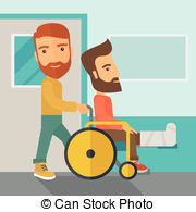 Man Pushing The Wheelchair With Broken Leg Patient  Clip Art