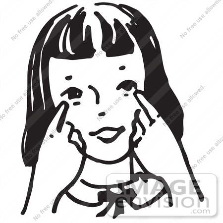 Clipart Of A Girl Pointing To Her Eyes In Black And White   Royalty
