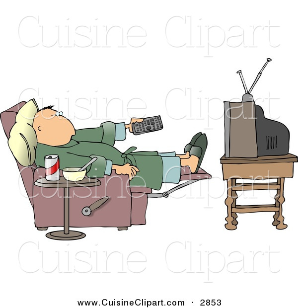 Cuisine Clipart Of A Lazy Couch Potato Man Holding The Tv Remote