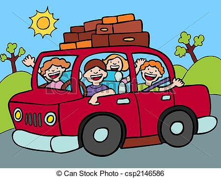 Family Going For A Long Drive With Luggage Strapped To The Roof Of The    