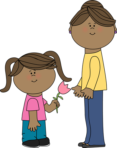     Mom Clip Art Image   Girl With Pigtails Giving A Pink Flower To Mom