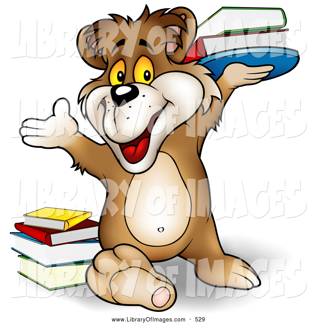 Clip Art Of A Friendly Smart Brown Bear Smiling And Holding Up A Stack