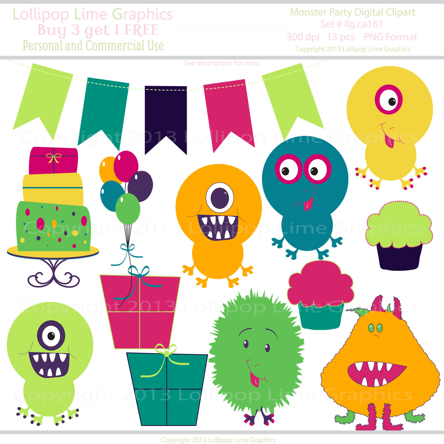 Cute Little Monster Party Digital Clipart Monsters Balloons Cake