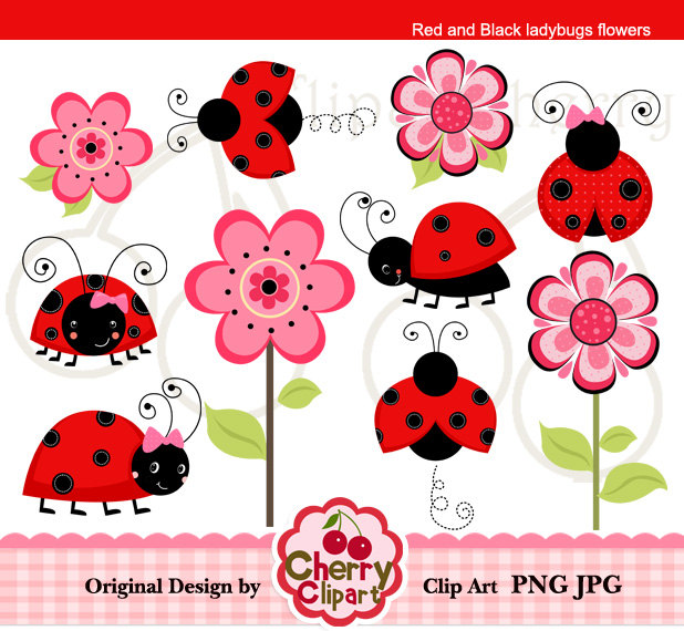 Red And Black Ladybugs Flowers Digital Clipart Set For Personal And