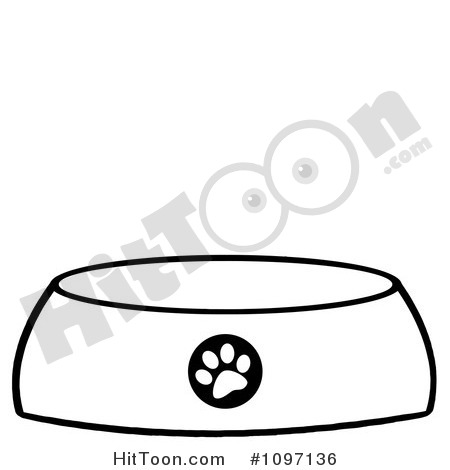 Clipart Black And White Dog Bowl Food Dish With A Paw Print   Royalty