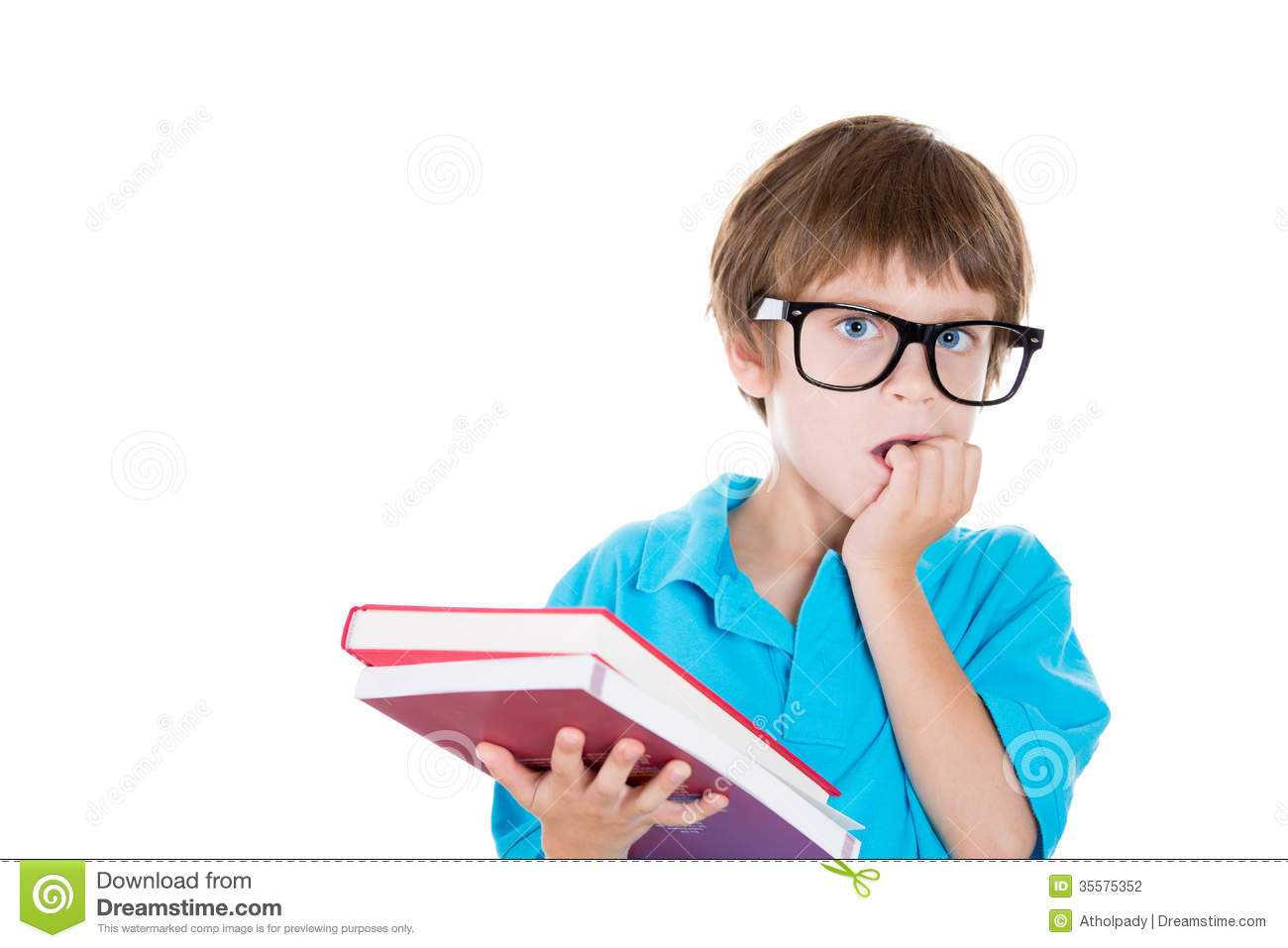 Closeup Portrait Of Nervous Boy In Big Black Glasses Carrying Books
