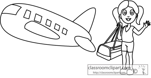 Cartoon Girl Traveling Airplane Outline   Classroom Clipart