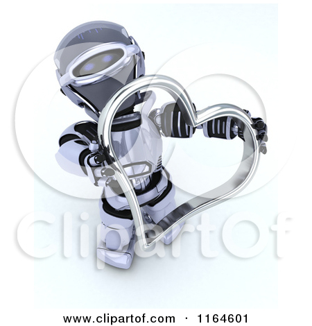 3d Robot Holding A Red Valentine Heart With Others At His Feet By Kj