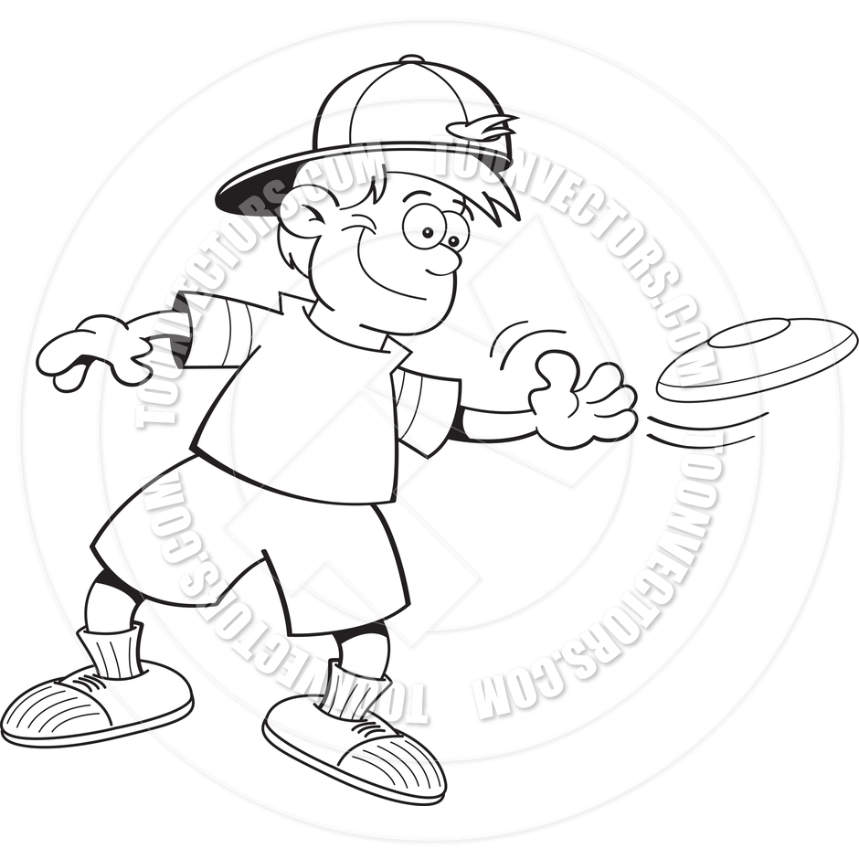Cartoon Boy Playing With A Frisbee  Black And White Line Art  By    