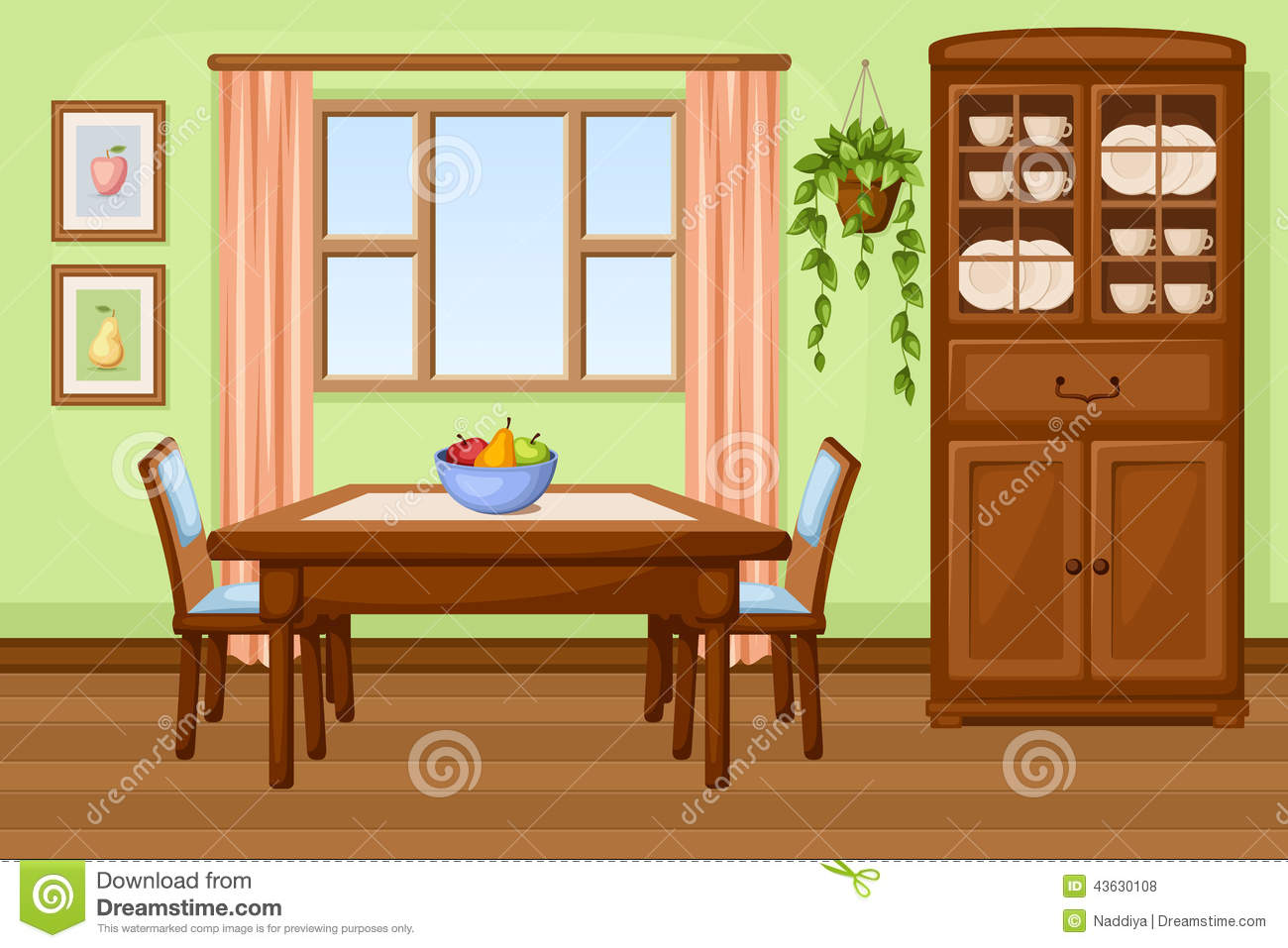 Dining Room Interior With Table And Cupboard  Vector Illustration