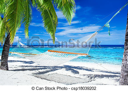 Empty Hammock Between Palm Trees On Tropical Beach