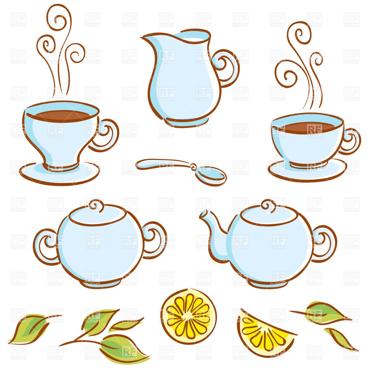 Background With Cartoon Tea Set Lemon And Cup Of Coffee   Sugar Bowl