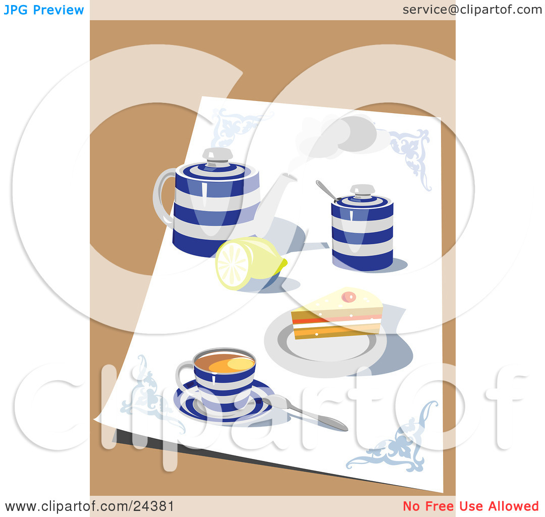 Clipart Illustration Of A Blue And White Tea Set With A Pot Lemon