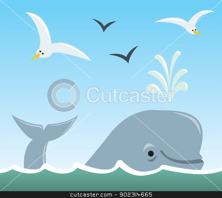 Whale And Seagulls Stock Vector Clipart A Cartoon Scene Of A Sufacing    