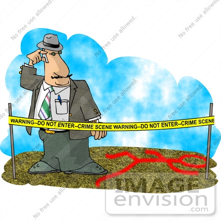Csi  Man Behind Warning Tape Looking At A Chalk Body Outline Clipart