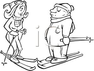White Cartoon Of Couple Learning To Ski   Royalty Free Clipart Picture