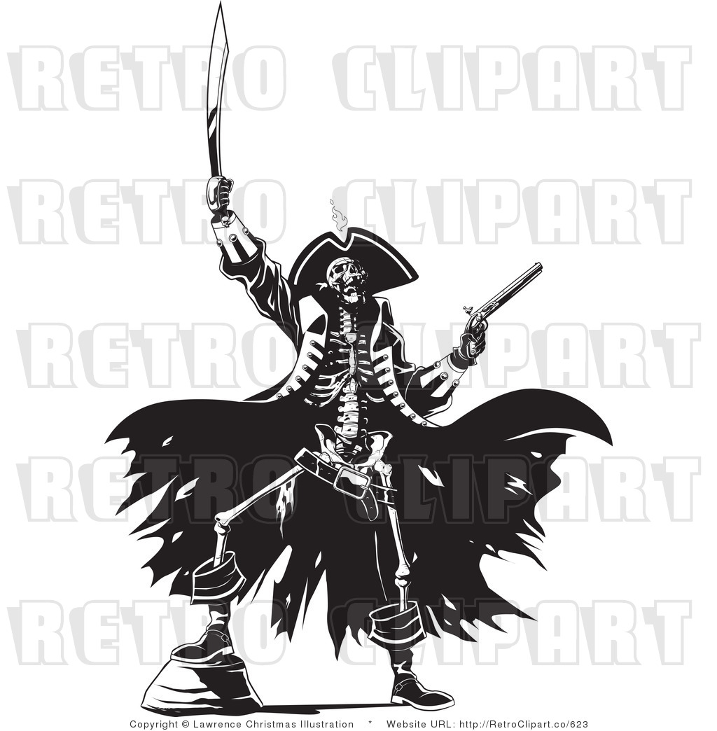 Black And White Pirate Skeleton Retro Royalty Free Vector Clipart By