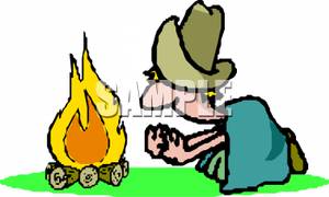 Clipart Image Of A Cowboy Under Blanket Warming His Hands On Clipart
