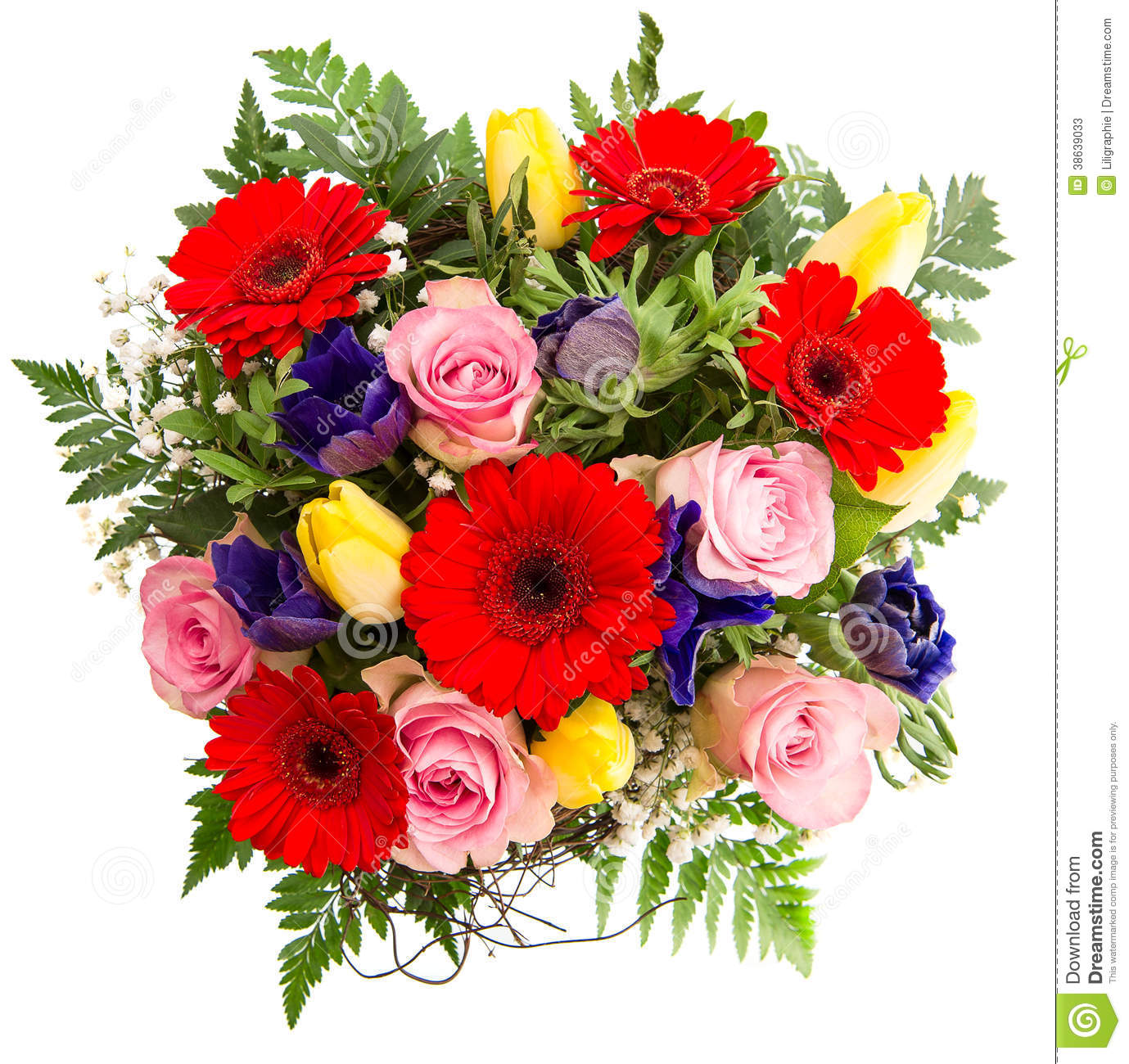 Fresh Colorful Spring Flowers Bouquet  Pink Roses Red Gerbera Yellow