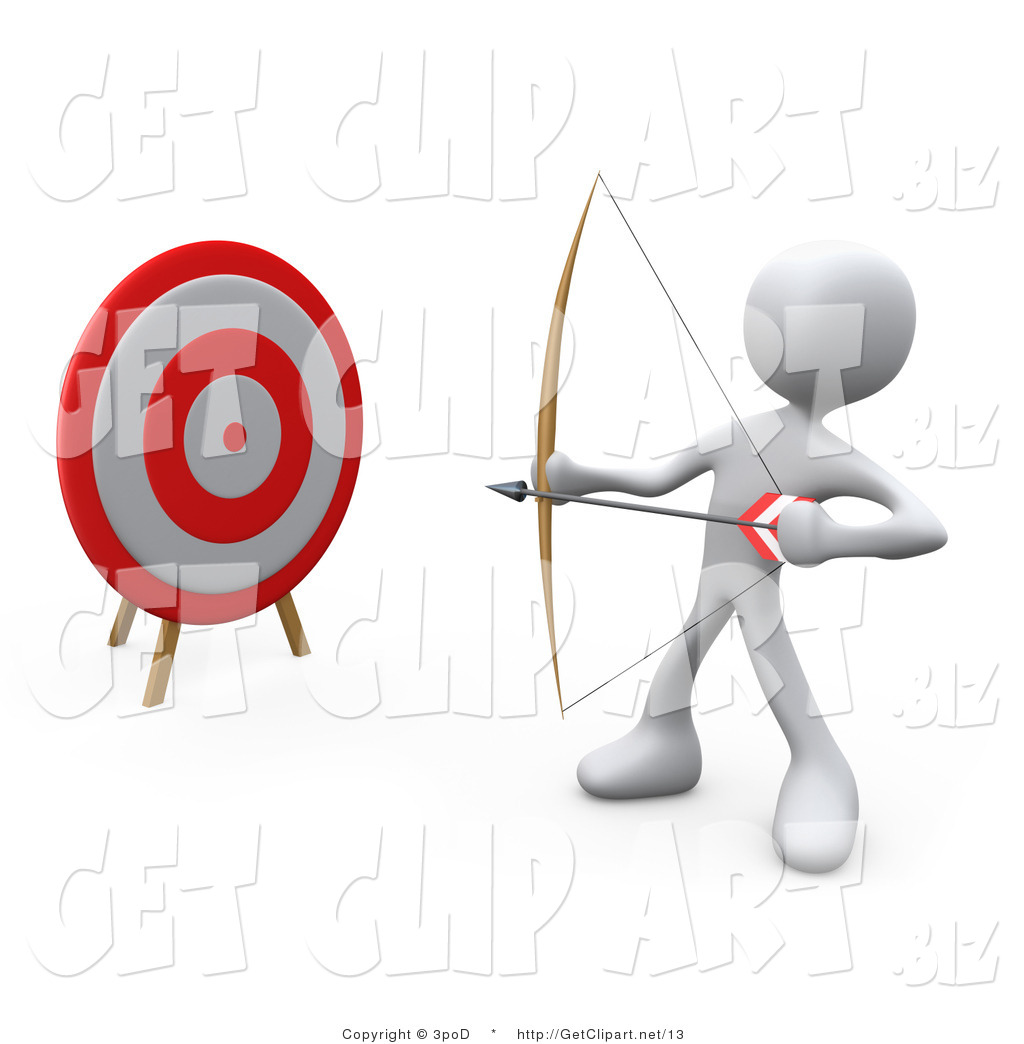 3d Clip Art Of A 3d White Man Archer By A Target With A Bow And Arrow