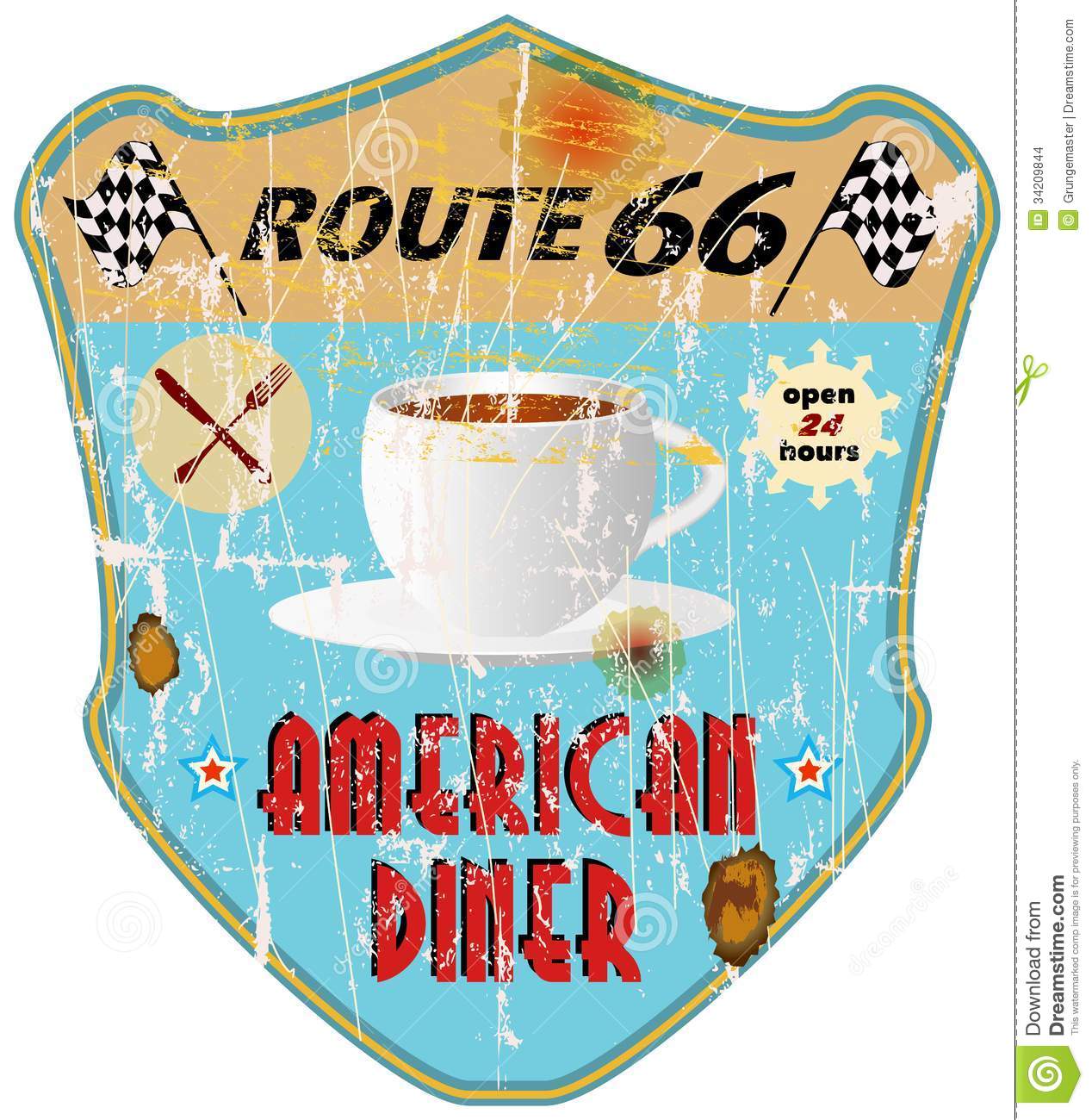Route 66 Vintage Diner Sign Nostalgic Grungy Style Vector Eps