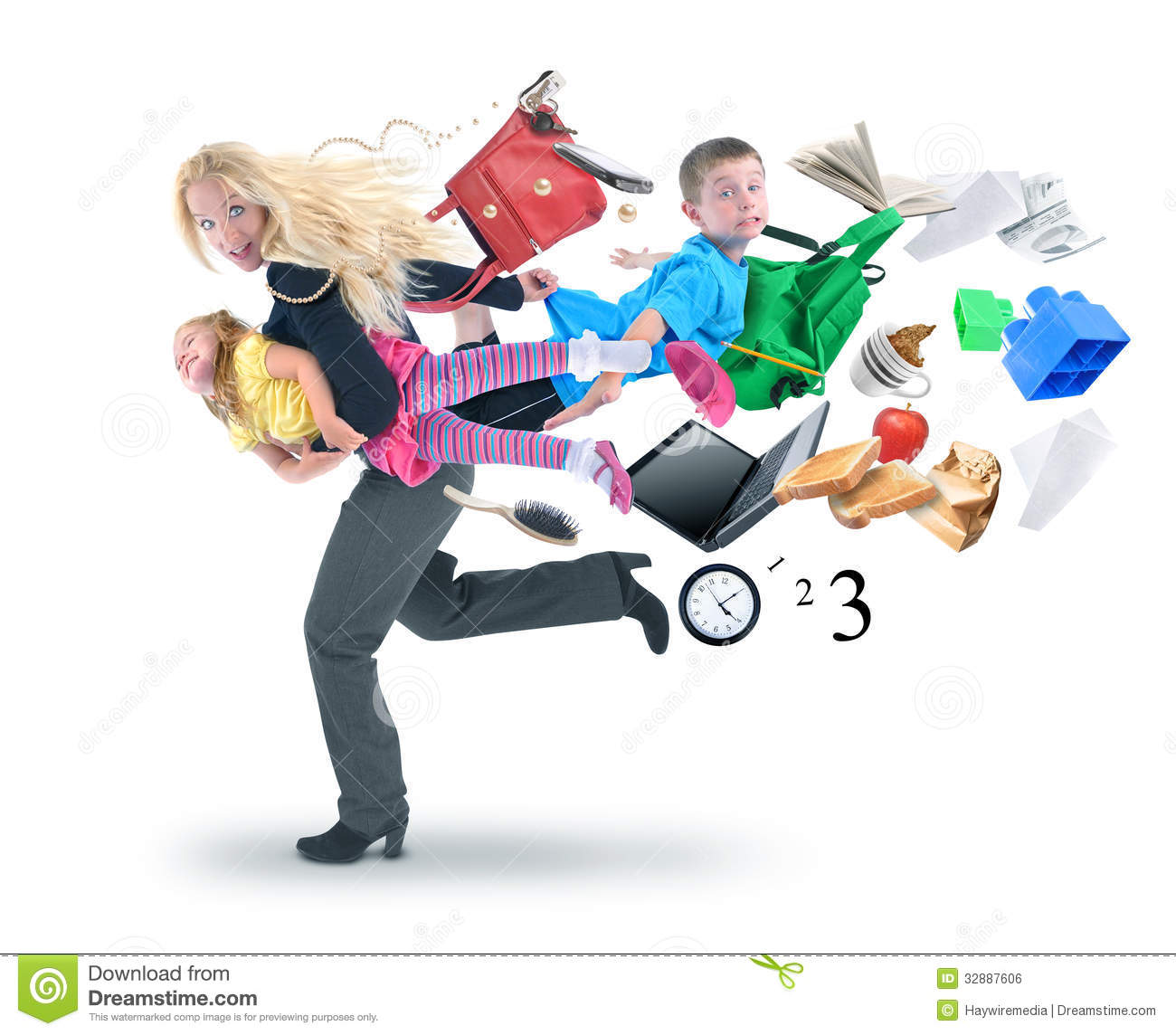 Royalty Free Stock Image  Stress Mother Running Late With Kids  Image