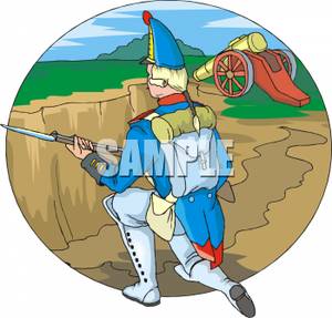 Colonial Soldier Kneeling In A Trench   Royalty Free Clipart Picture
