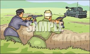 Trench Pointing Assault Rifles At A Tank   Royalty Free Clipart