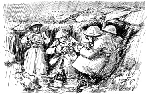 World War One Drawing Of Soldiers Eating In Their Rain Sodden Trench