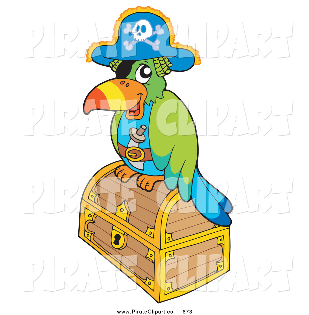 Vector Clip Art Of A Pirate Parrot On A Locked Gold Treasure Chest By