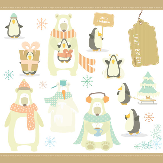 Christmas Penguins   Polar Bears Digital Clipart Set   Instant
