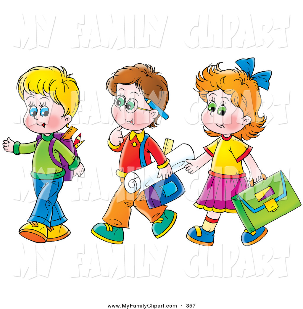 Clip Art Of A Girl Walking With Two Boys On The Way To School On White