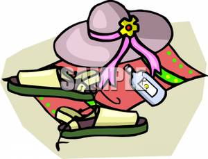 Bottle Of Lotion With A Sun Hat And Sandles   Clipart
