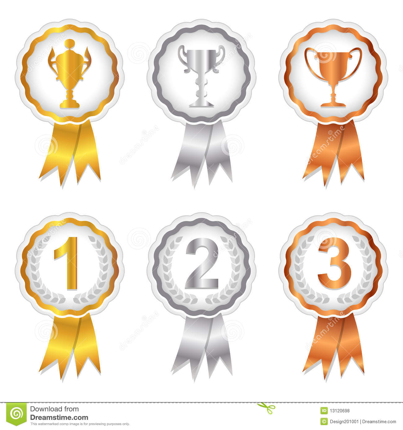 Winners Set 1   Gold Silver And Bronze Rosettes Royalty Free Stock