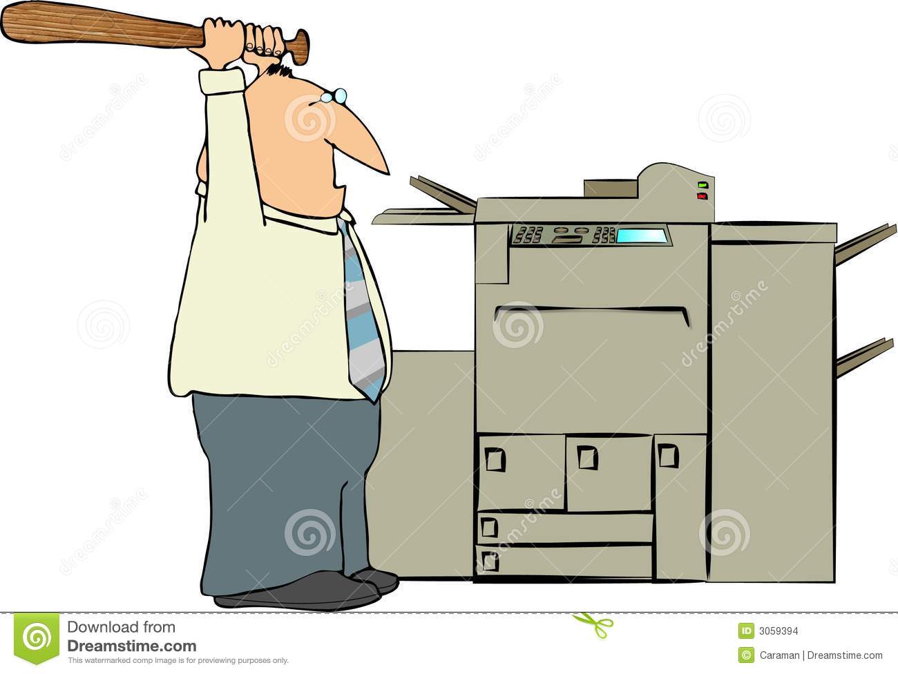 Depicts A Man About To Hit A Copy Machine With A Baseball Bat