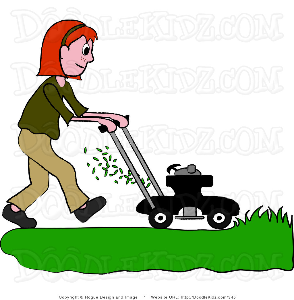 Clip Art Illustration Of A Red Haired Teenage Girl Mowing The Lawn