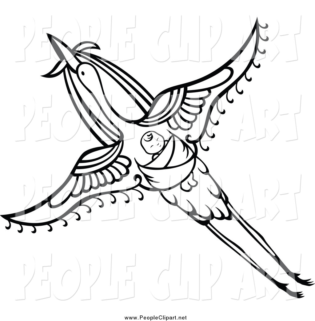 Clip Art Of A Black And White Flying Stork With A Baby