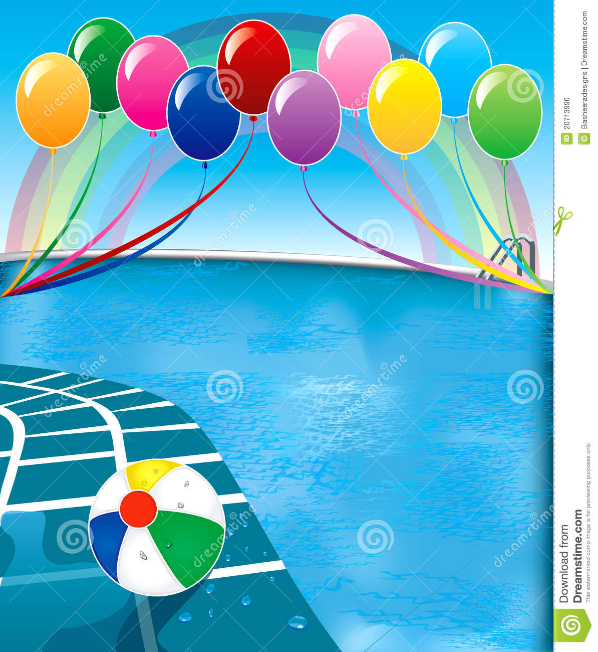 Vector Illustration Of Pool Party With Balloons And Beach Ball