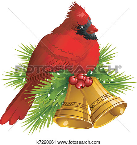 Cardinal Bird With Christmas Bells View Large Clip Art Graphic