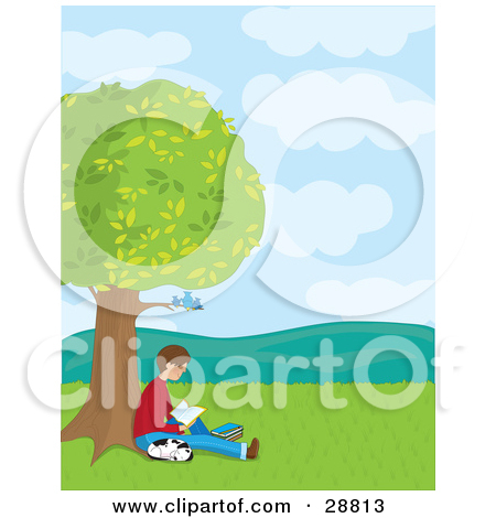 Clipart Illustration Of A Teenage Boy Reading A Book Under Bluebirds