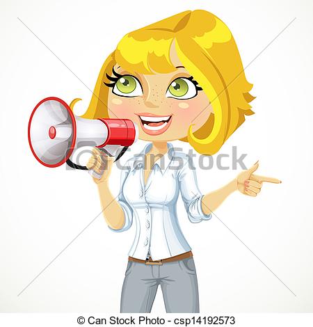 Cute Girl Talking Into A Megaphone And Shows Her Hand In The Direction