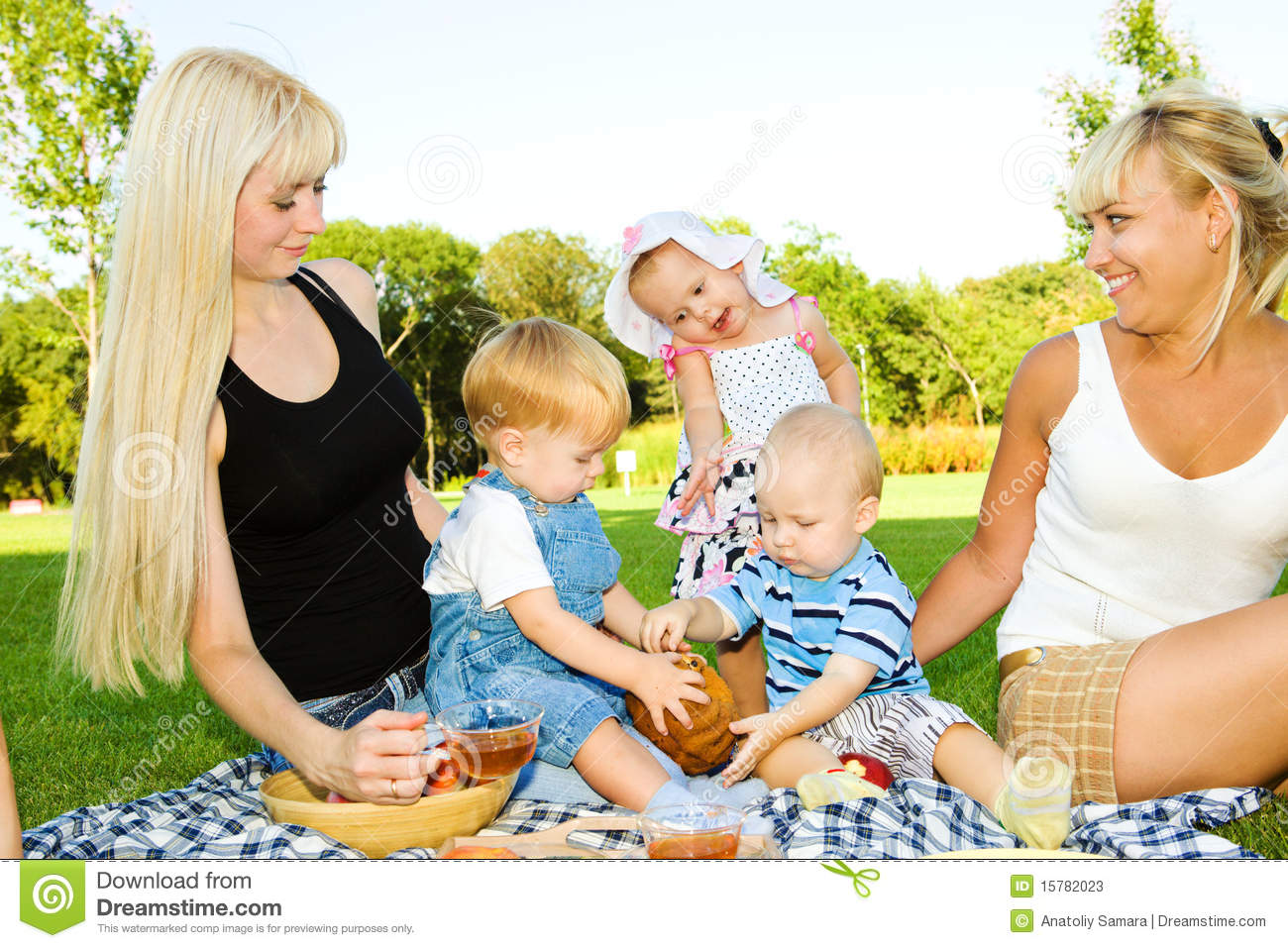 Lovely Toddler Kids Eating Cake Mother Looking At Them 